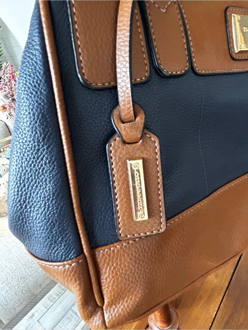 Tignanello Navy & Cognac Satchel Crossbody Bag Colorblock Faux Pebbled Leather